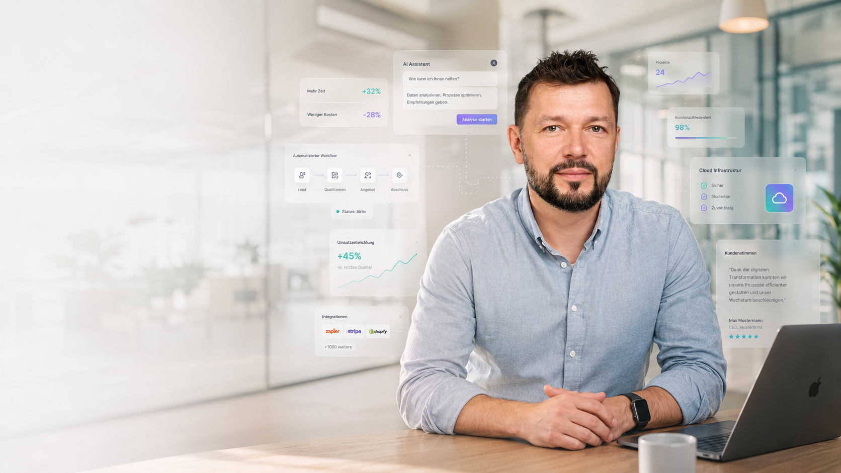 Franjo Rupčić an seinem Arbeitsplatz, umgeben von Dashboards für KI-Assistenz, Automatisierung und Cloud-Infrastruktur
