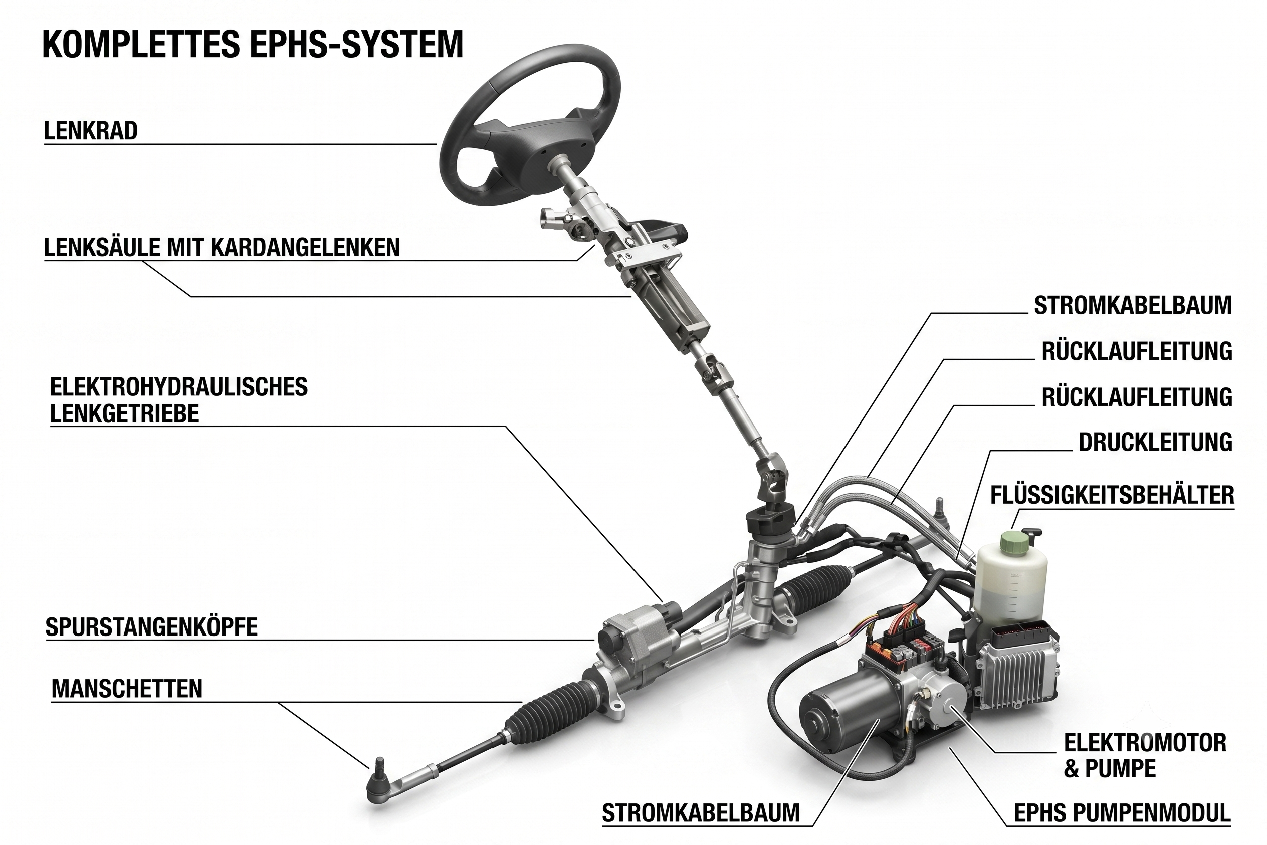 Komplettes EPHS-System mit beschrifteten Komponenten: Lenkrad, Lenksäule mit Kardangelenken, elektrohydraulisches Lenkgetriebe, Spurstangenköpfe, Manschetten, Stromkabelbaum, Rücklauf- und Druckleitung, Flüssigkeitsbehälter, Elektromotor & Pumpe, EPHS-Pumpenmodul